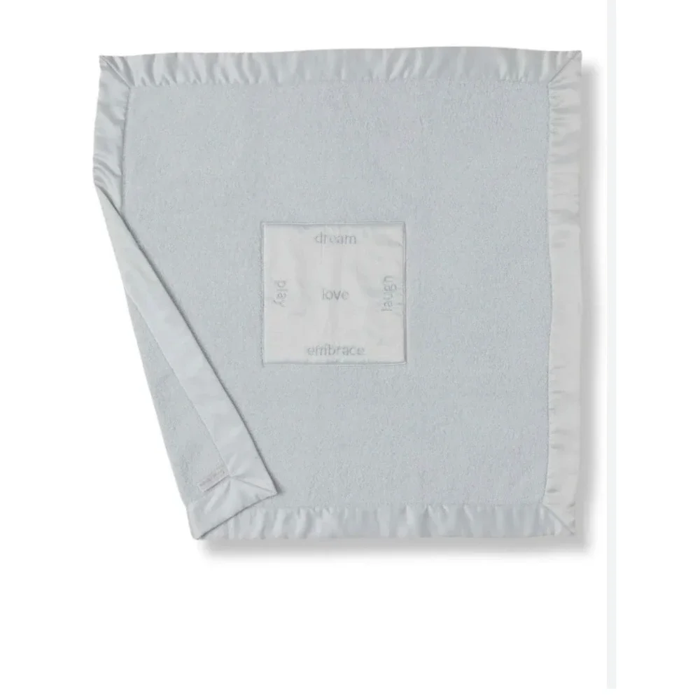 Barefoot Dreams CozyChic Baby Blanket Blue Satin Trim Dream Play Love Laugh